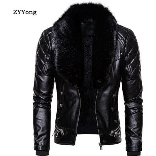 New Arrival Hight Quality Winter Fur Collar Luxury Zipper Men Jacket Winter Leather Coat Autumn Winter Black Plus Velvet Leather