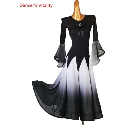 Ballroom Dance Dress Girls Long Skirt Mesh MeshSleeves Performance Clothing Profession Custom Child Woman Competition Clothes
