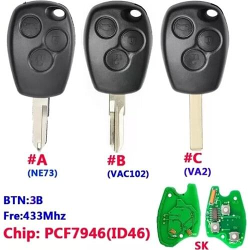 CN010005 Aftermarekt 3 Buttons Remote Control Key With 433MHz PCF7946 For Renault /Kangoo II /Clio III Three Models Keys Blades