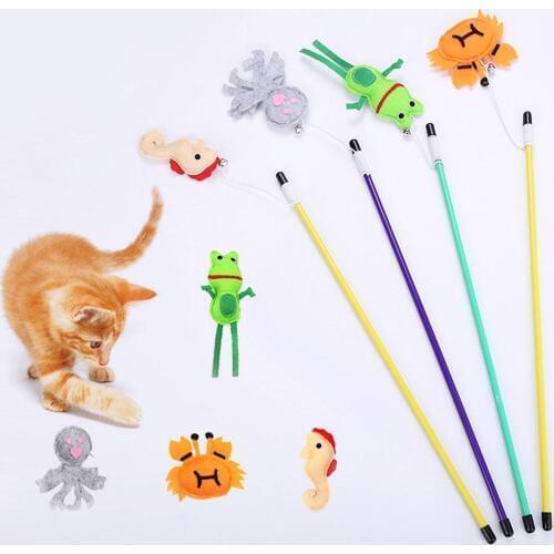 Handle Cute Frog Crab Seahorse Bell Kitten Cat Teaser Stick Wand Interactive Play Toy