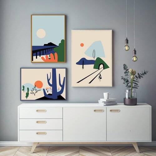 Nordic Abstract Landscape Canvas Wall Art Posters Cartoon Sun Tunnel Highway Painting Pictures For Living Room Unique Home Decor