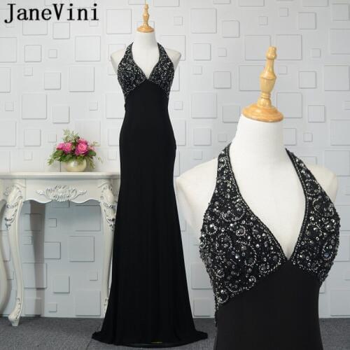 JaneVini Vestidos Sexy Black Sequins Beads Long Evening Dresses Mermaid Halter Backless Satin Mother of Bride Dress Floor Length