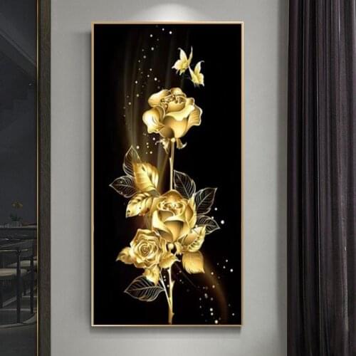 Modern Gold Rose Flower Painting Butterfly Wall Art Canvas Painting Abstract Golden Art Wall Picture for Gallery Home Decoration