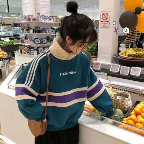 Autumn and Winter Korean Version of Harajuku Plus Velvet Thick High-neck Stitching Sweater Womens Loose Top Coat Trend