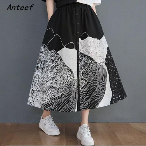 Black cotton plus size vintage floral high waist summer casual loose long for woman skirts womens 2021 skirt clothes