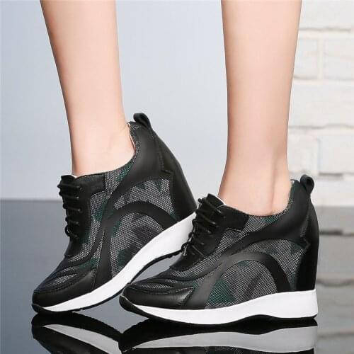 Breathable Trainers Women Genuine Leather Wedges High Heel Ankle Boots Female Lace Up Summer Mesh Fashion Sneakers Casual Shoes