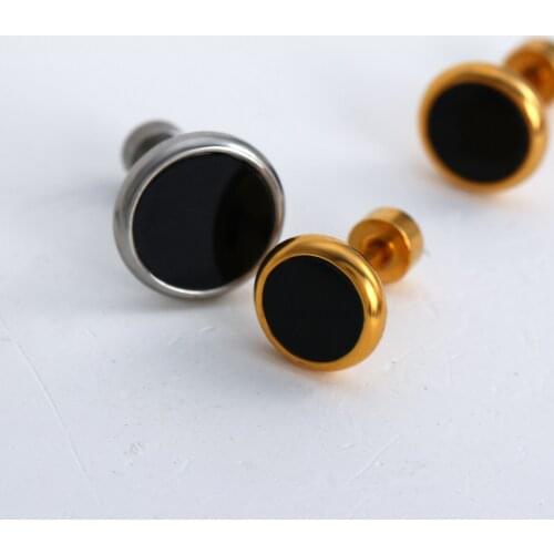 AENSOA Stainless Steel Enamel Ear Studs Earrings Black Gold Silver Color Round Shaped Push Back Small Earrings for Women Men