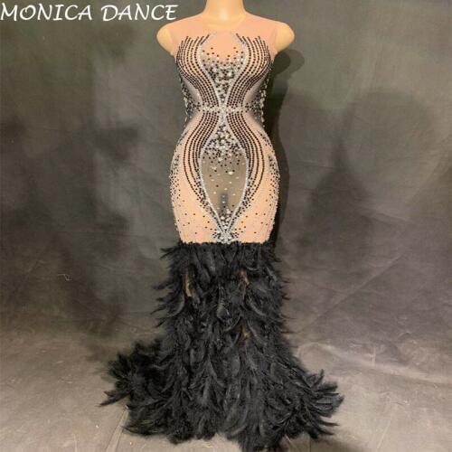 Women Sexy Black Feather Perspective Dress Evening Party Rhinestone Dress Birthday Celebrate Costume Singer Performance Dress
