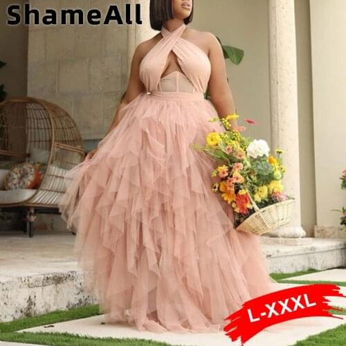 Plus Size Cascading Ruffle Backless Transparent Club Dress 4XL Summer See Through Mesh Spaghetti Strap Long Maxi Bandage Dresses