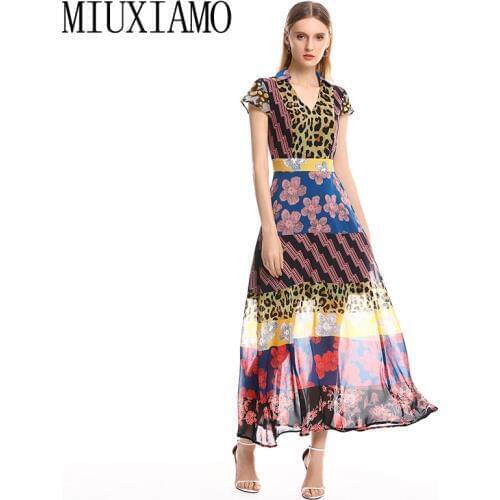 MIUXIMAO 2019 Spring&Summer Long Dress New Arrival Fashion V-Neck Full Half Sleeve Floral Print Ankle-Length Dress Women vestido