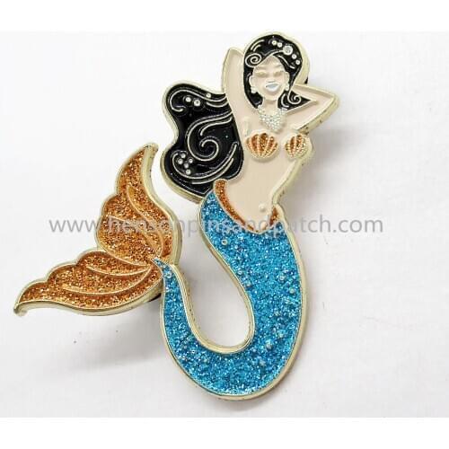 Custom Zinc alloy soft enamel cut out mermaid glitter pin badge
