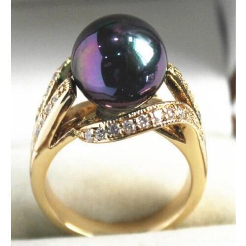 Free shipping ladys elegant new jewelry 18KGP with crystal decorated &12mm purple shell pearl ring(#7.8.9)