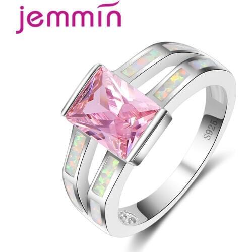 Big Square Pink Stone White Fire Opal Ring 925 Sterling Silver Jewelry Ring for Women Wedding Accessories