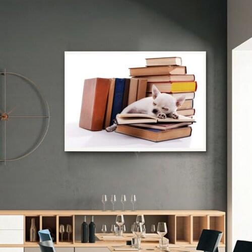 Reading room and study room decoration cute dog sleeping on the books quotes nordic style wall art canvas painting prints
