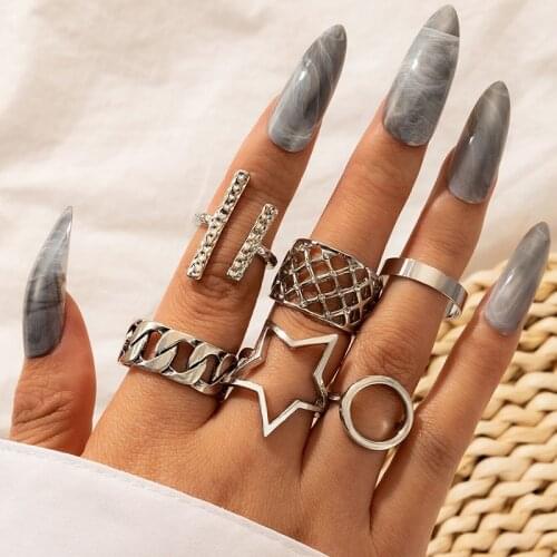 Docona Boho 6pcs Geometric Open Rings Set for Women Ancient Silver Color Hollow Round Star Finger Ring Jewelry Anillos Girl16911
