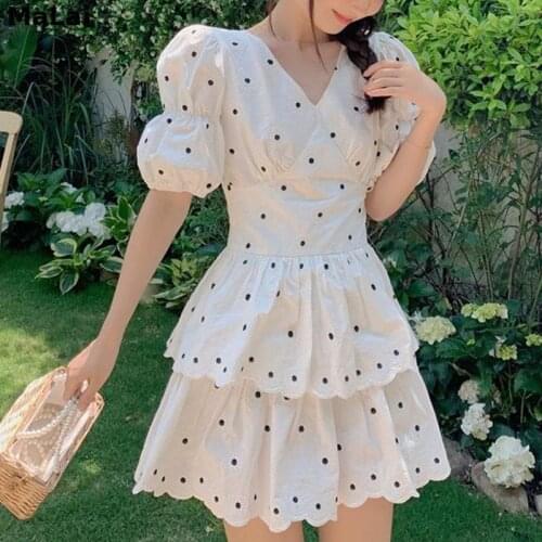 Elegant Vintage Dress Female Dot Puff Sleeve V-Neck Fairy Dress Korean Summer 2021 Chic For Women Kawaii Design One Piece Dress