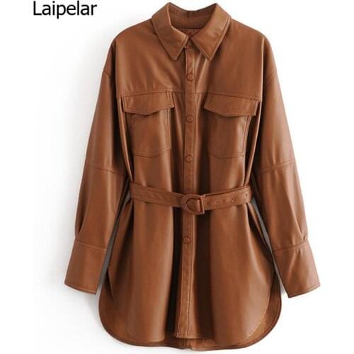 Faux Soft Leather Jackets Coats Lady Khaki Single Breasted Pu Shirt New Autumn Winter Casual Long Sleeve Tops Blouse