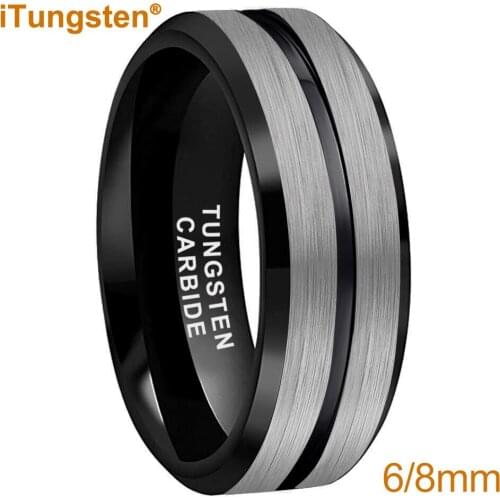 Tungsten Carbide Rings for Men Women 8MM Black Wedding Band Grooved Brushed Finish Comfort Fit