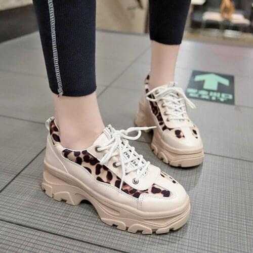 Leopard Platform Sneakers for Women Waterproof Lace-Up Sneakers Non-Slip Sports Shoes Patchwork Sewing PU Leather Running Shoes