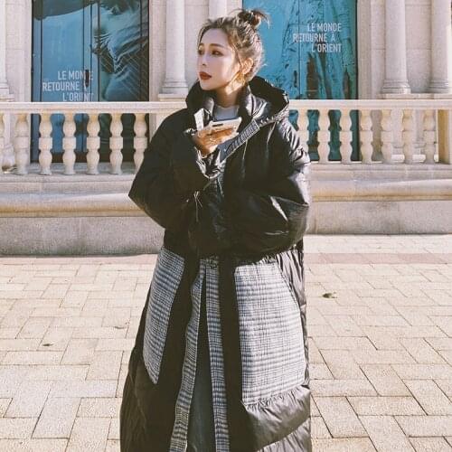 Fashion Womens Jacket Cotton Coat Female 2021 Winter New Long Plaid Stitching Hooded 90% White Duck Down Thick Korean Loose