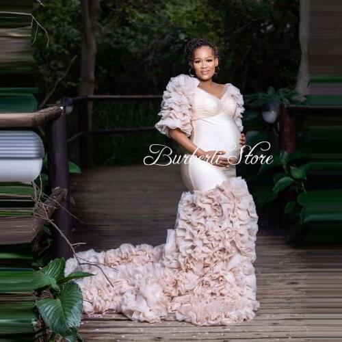 Charming Khaki Tiered Ruffles Tulle Maternity Dress Puff Half Sleeves Unique V Neck Mermaid Preganty Women Gowns Photoshoot Dres