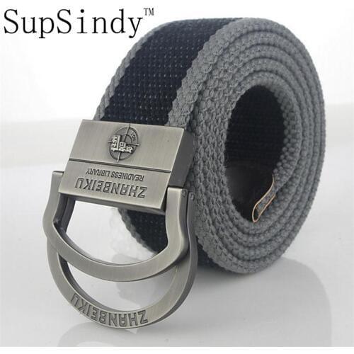 SupSindy Mens Canvas Belt Tactical Military Belt Pistol Double Ring Metal Buckle Jeans belt for Male top quality men strap 120