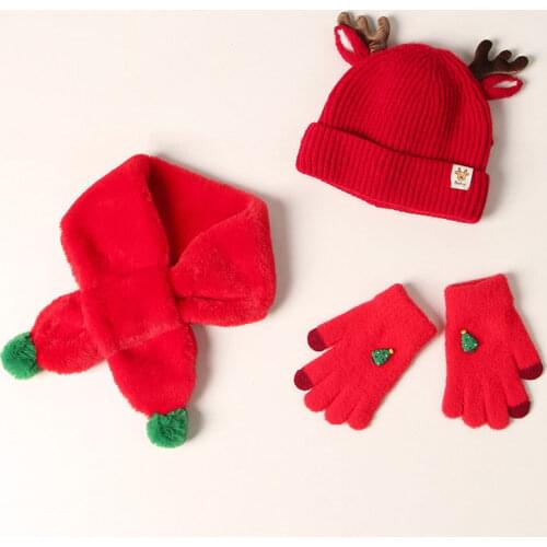 Christmas Hats Scarf Glove Antlers Knitted Beanie Hat 3 Pieces Set Plush Winter Warm Cute Cap For Kids New Year Gift Supplies