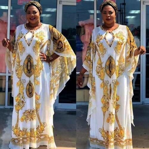 African Traditional Print PARTY Dresses for Lady Dashiki South Africa Clothes Bazin Ankara Dress V Neck Beading Fashion Robes