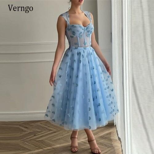 Verngo 2021 Vintage Light Blue Tulle Heart Two Pieces Prom Dresses Lace Up Back Sweetheart Tea Length Graduation Party Gowns