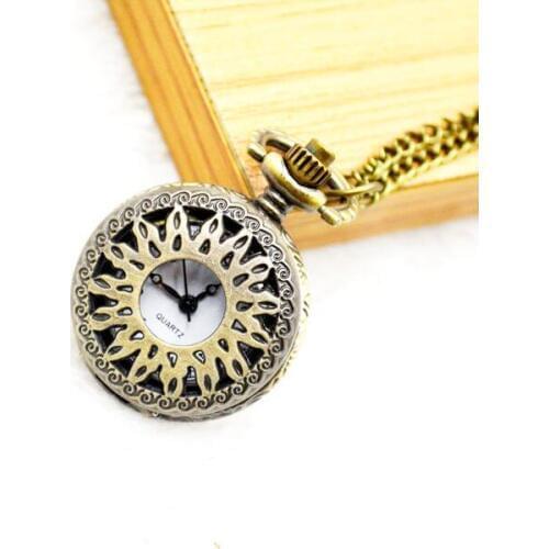 Vintage bronze pendant Hollow pinion mini quartz hours Necklace pocket watches gift
