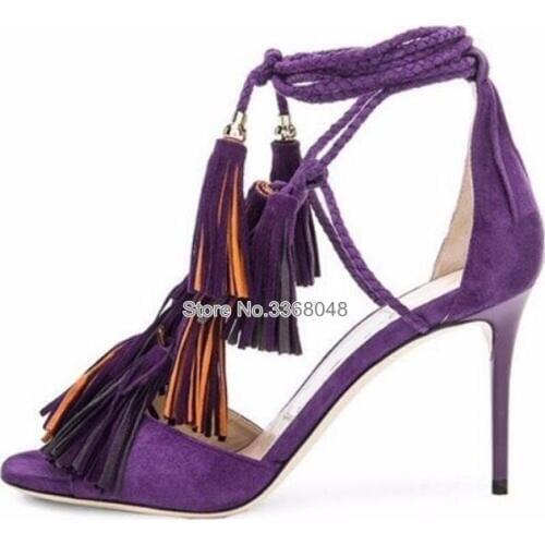 High Quality Purple Suede Tassel Lace-up Sandals Woman High Heel Cut-out Peep Toe Party Sandals For Woman Drop Shipping