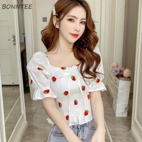 Shirts Women Short Sleeve Summer Fruit Embroidery Design Loose Lovely Crop Top Fashion Ulzzang Hem Ruffles Student Girls Leisure