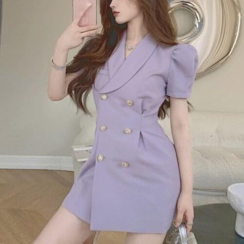 Elegant Vintage Dress Suits Women Summer 2021 Purple Sexy Party Mini One-Piece Dress Puff Sleeve Casual Korean Fashion Clothing