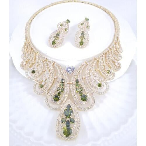 2021 NEW FASHION romantic GREEN flowers CZ zircon necklace earring wedding bride banquet formal dress jewelry set free shipping