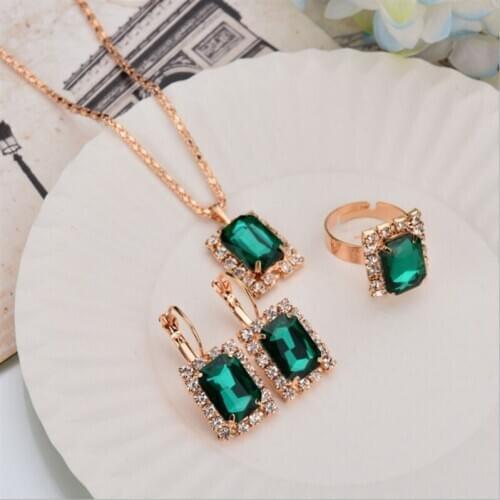 3pcs/set Fashion Gold Color Jewelry Sets For Women Red Blue Green Crystal Pendant Necklace Drop Earrings Ring Party Jewelry