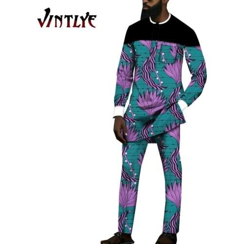 African Clothing for Men Traditional Dashiki Shirts Sets 2 Piece Set Pants and Blouse Bazin Riche Floral Printed Mens Costumes