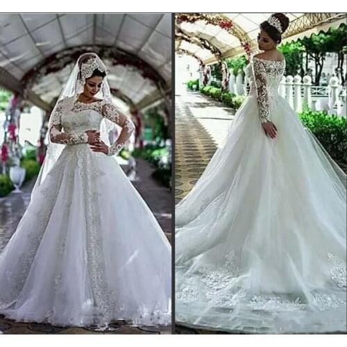 White Tulle Ball Gown Long Sleeve Wedding Dresses Crystal Lace Applique 2021 Vintage Vestidos Novia Robes De Mariee