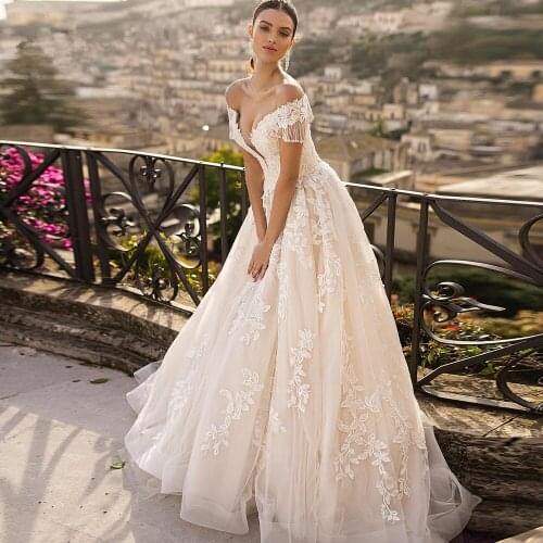 Champagne wedding dresses Off-the-shoulder Lace Wedding Gowns Beaded Sweep Train Bridal Dress Lace-up Robe de Mariee 2021