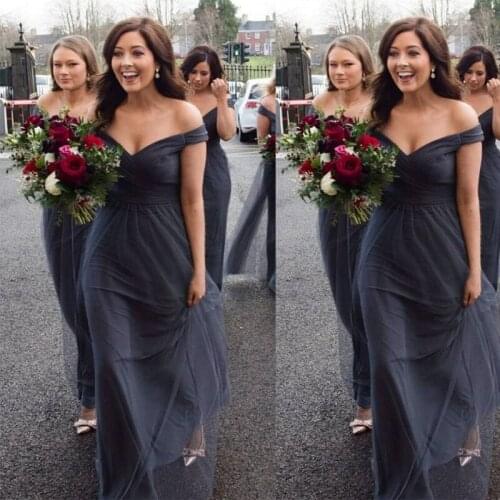 Cheap New Design V Neck Dark Grey Tulle Off The Shoulder Bridal Bridesmaid Dresses 2021
