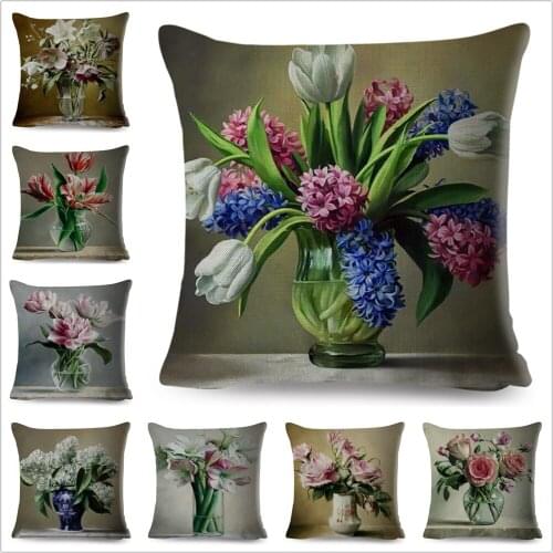 Oil Painting Colorful Flower Pillow Case Decorative Plant Floral Cushion Cover for Sofa Home Polyester Pillowcase 45x45 cm