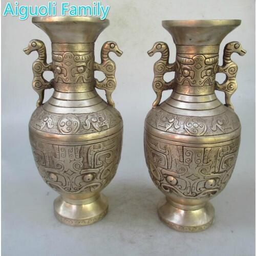 Collectible 1 Pair of Chinese Ming/Qing Dynasty Decorated Old Handmade Tibet Silver Binaural Vase/Antique Metal Vase