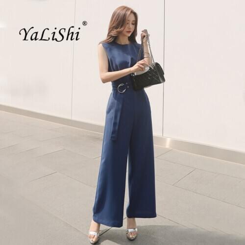 Solid Plus Size Jumpsuits Summer Women Black Blue Sleeveless O-neck Full Length Elegant Office Party Playsuits Work Club Ladies
