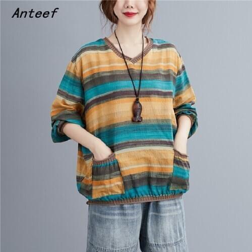 Korean style cotton linen plus size vintage stripe autumn casual loose tee t shirt women t-shirt ladies tshirt clothes 2021 tops
