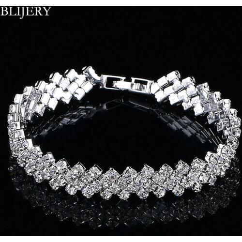 BLIJERY Silver Color Crystal Bridal Bracelets Femme Pulseras Waving Bracelets & Bangles for Women Wedding Party Jewelry Gift