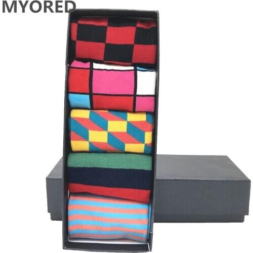 MYORED 5 pair/lot colorful mens socks cotton funny crew dress socks striped optic filled socks men casual dress wedding gifts