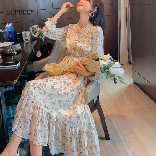 SLPBELY Summer Floral Dress Women Spring Sweet V-Neck Dress Long Sleeve Ruffle Dress Chic Holiday Dress Vestido Ladies Clothes