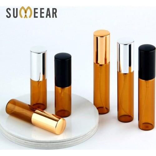 50 pcs/lot 5ml 10ml Amber Glass Empty Atomizer Perfume Bottle With Aluminum Cap Refillable Perfume Bottle Vials Travel Bottle