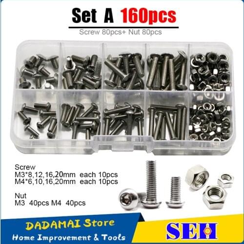 SEH 160Pcs Hexagon Hex Socket Button Head Screw M3 M4 Hex Nut Stainless Steel Bolts Round Head Screw Assortment Kit