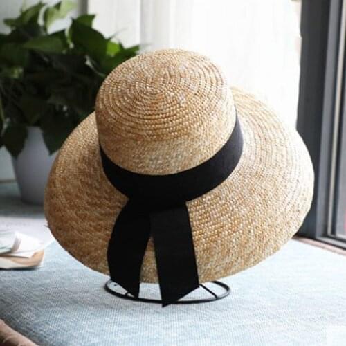 Summer Hats Womens Straw Hat Summer Beach Sun Hat For Ladies Retro Wide Brim 12CM Flat Natural Wheat Straw Hat With Black Ribbon