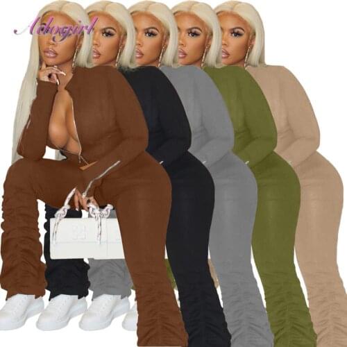 2020 Activewear Sport Tracksuit Women Solid Long Sleeve Stand Collar Jacket Tops Legging Stacked Pants Suit Jogger Two Piece Set